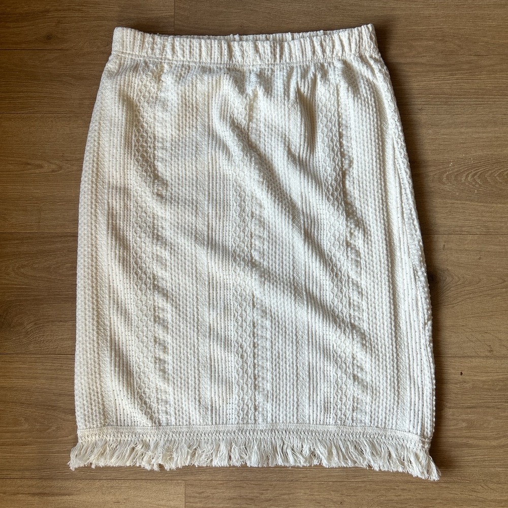 Cupio Blush Ivory Textured Knit Midi Skirt Fringe Hem Elastic Waist Cream Large